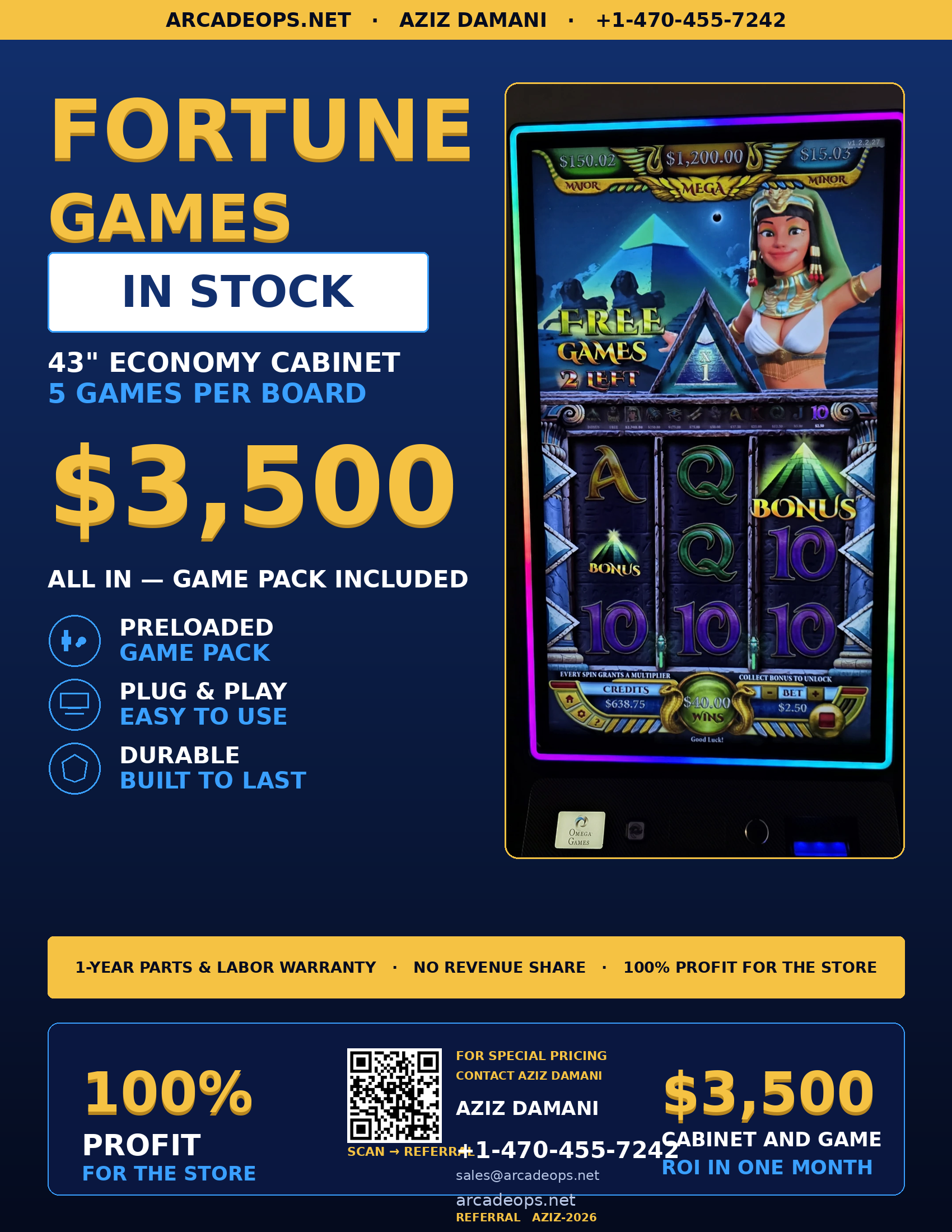 Fortune Games $3,500 machine flyer — 43 inch cabinet, 5 games, 1-year parts and labor